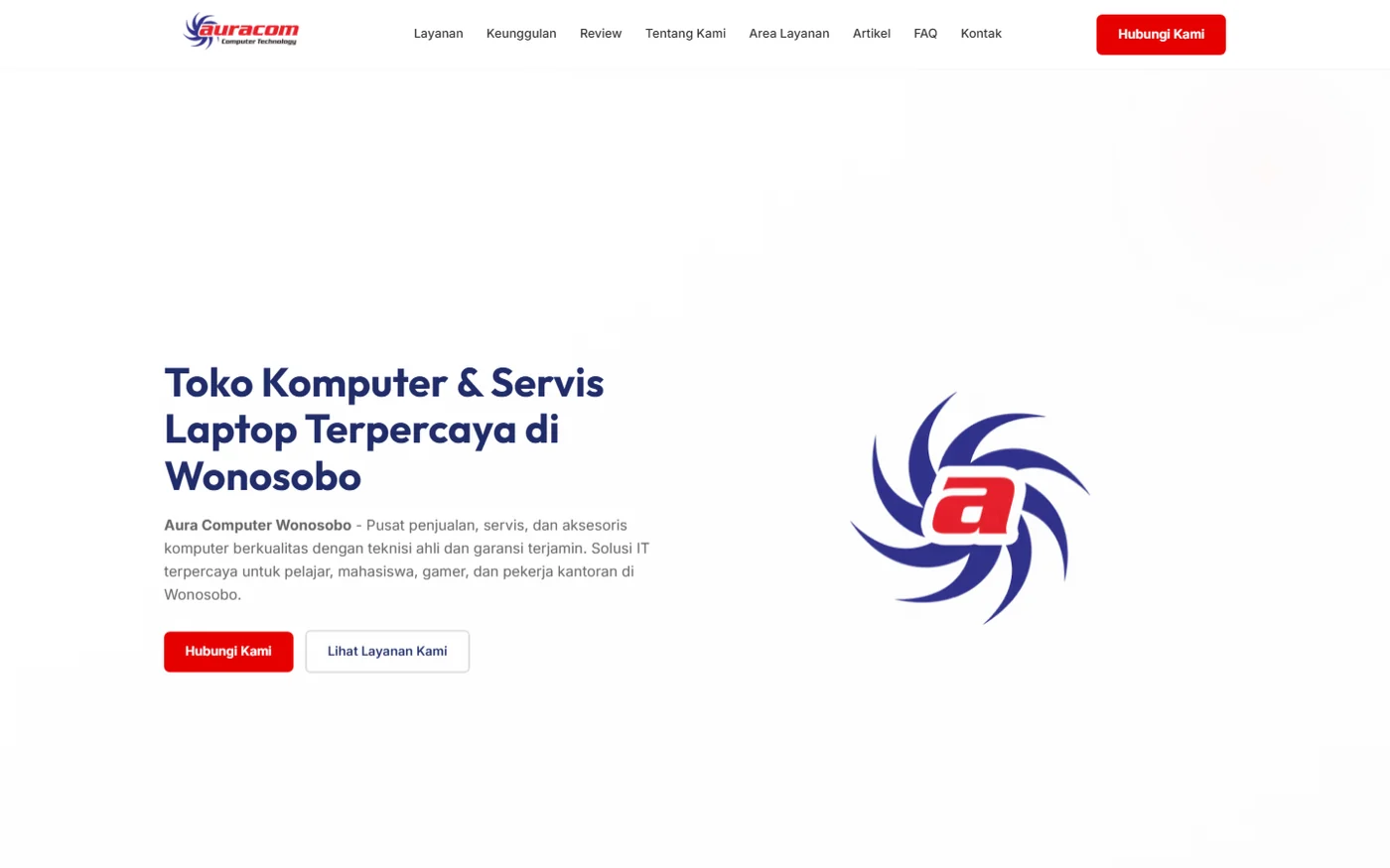 Halaman depan Aura Computer Wonosobo dengan katalog komputer dan layanan servis.