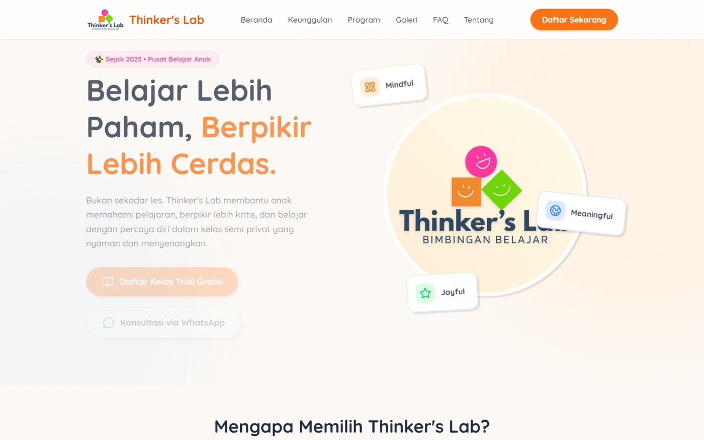 Halaman depan Thinker's Lab dengan penjelasan kelas semi privat untuk anak.